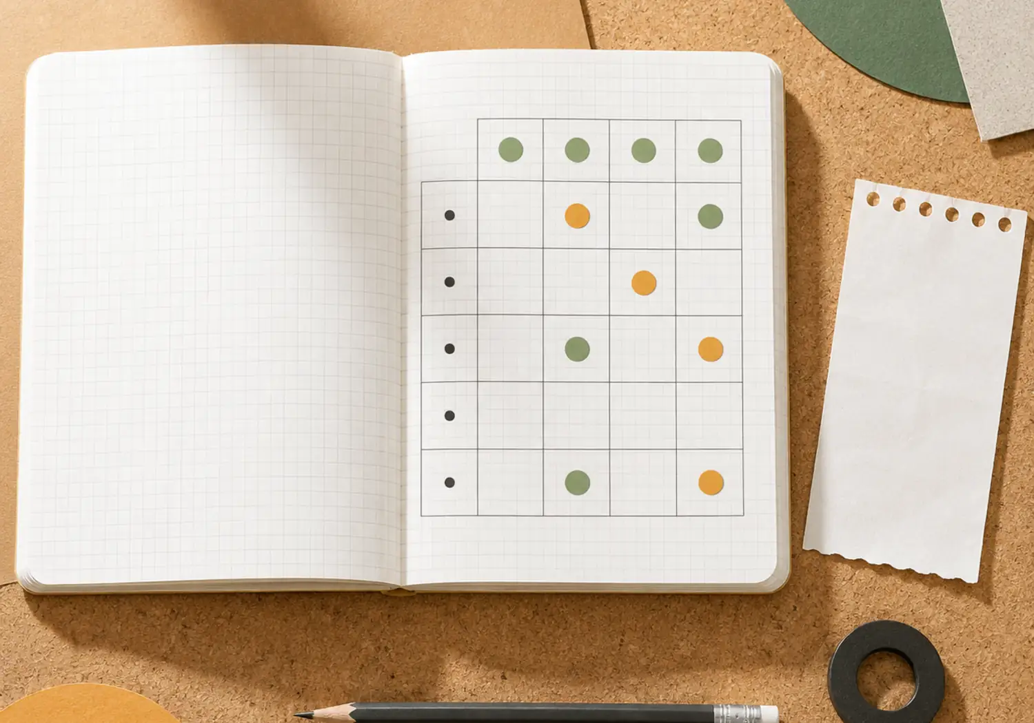 Cuaderno abierto con una matriz gráfica de puntos y muestras de materiales para ordenar el alcance de una consulta